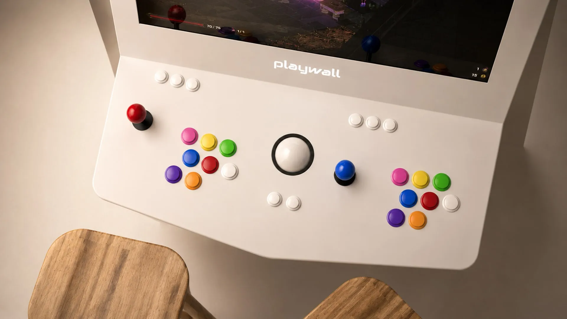 Playwall arcade control layout with joysticks, trackball, and colored buttons