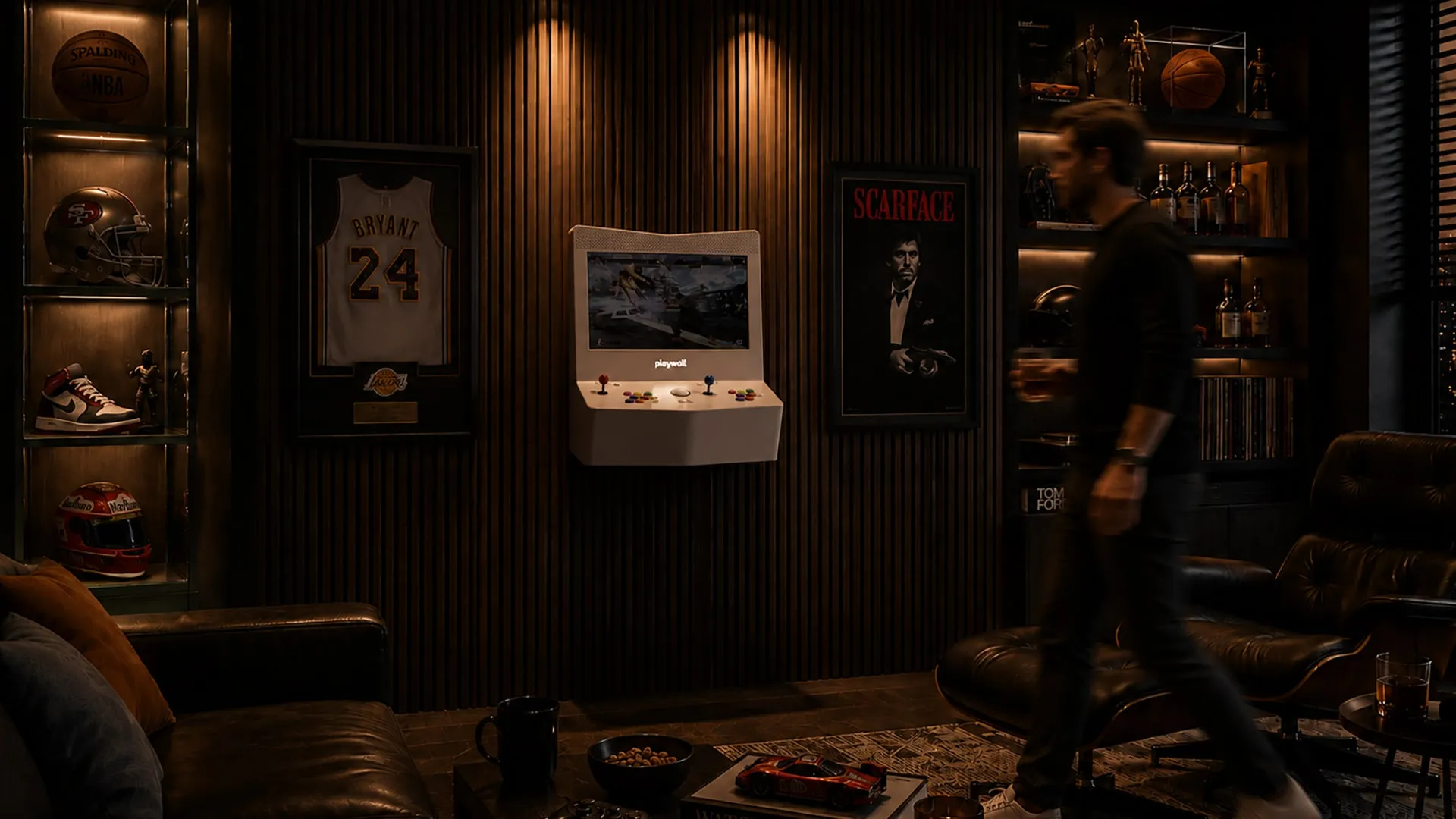 Playwall wall-mounted arcade machine in evening interior setting