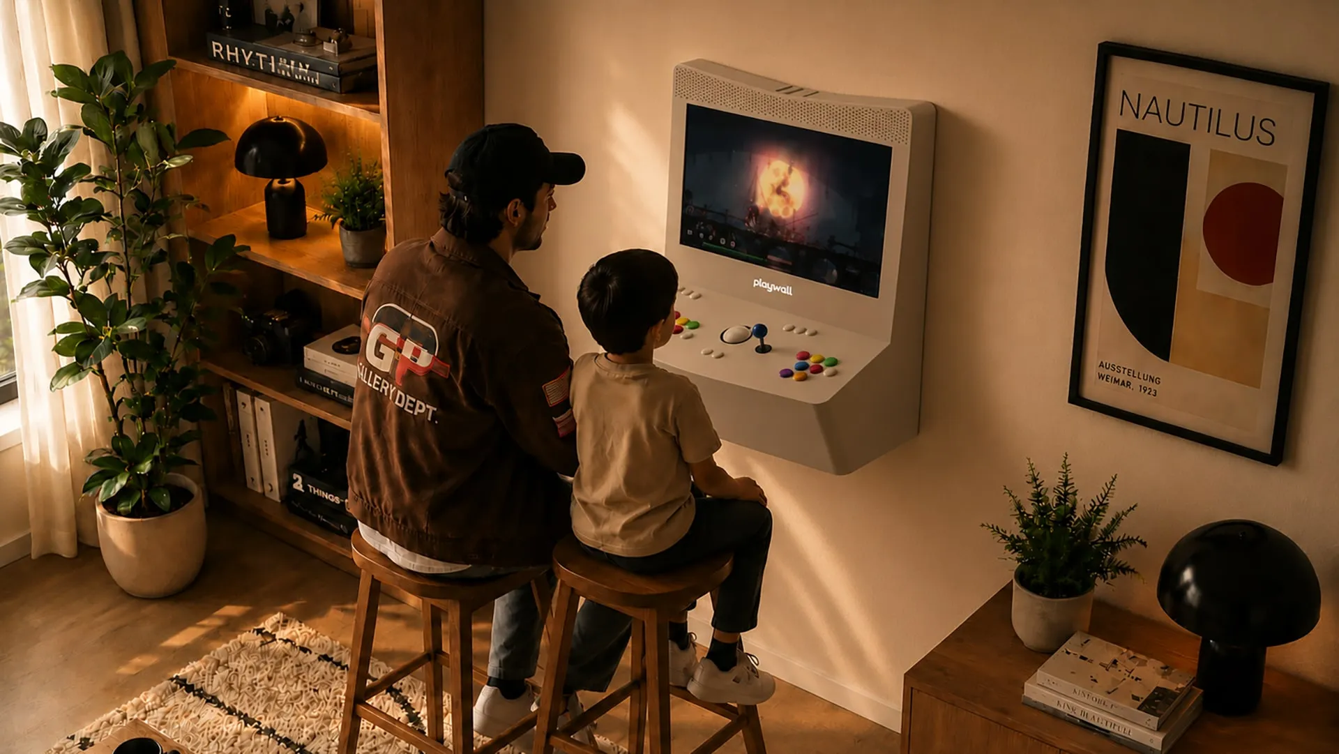 Two players using the Playwall wall-mounted arcade machine